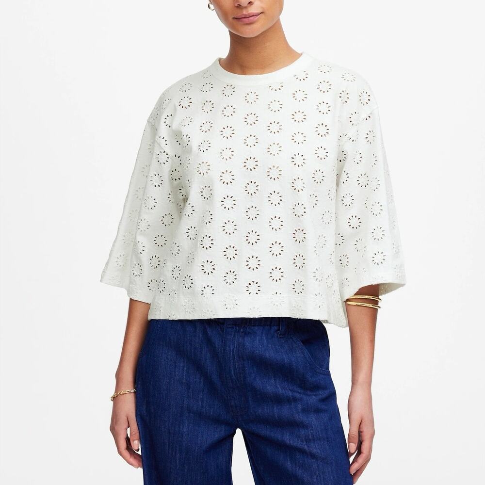 NWT Madewell Embroidered Wide-Sleeve Boxy Tee Relaxed Fit White Size Small